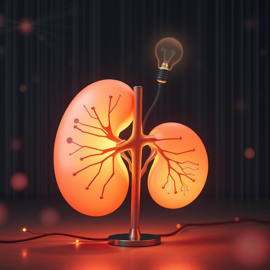 A single kidney creatively transformed into a light lamp symbolizing an idea, surrounded by a digitalized effect