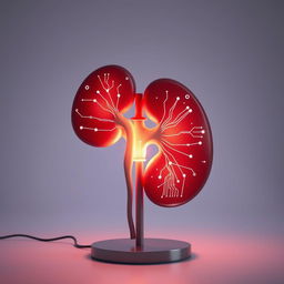 A single kidney creatively transformed into a light lamp symbolizing an idea, surrounded by a digitalized effect