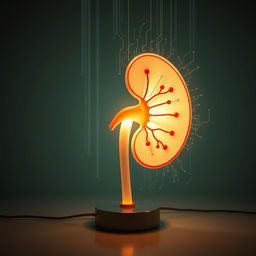 A single kidney creatively transformed into a light lamp symbolizing an idea, surrounded by a digitalized effect