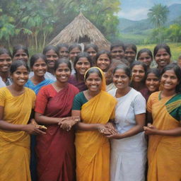 Draft an emotional scene where Sri Lankan villagers from diverse backgrounds - Tamil, Sinhala, Muslim, and Christian - are embracing each other, symbolizing newfound unity within the Sri Valli Pura community, their smiles painting a hopeful future.