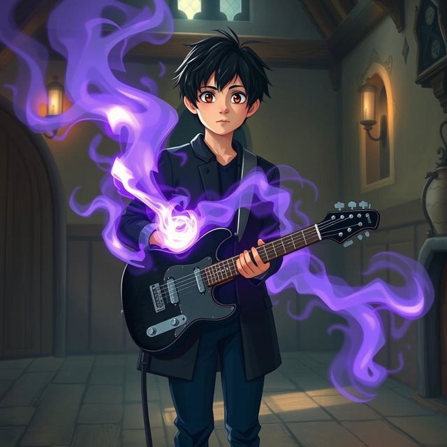 A 15-year-old boy with slightly messy black hair and brown eyes is wearing a black coat and navy blue pants, standing in a medieval-style room