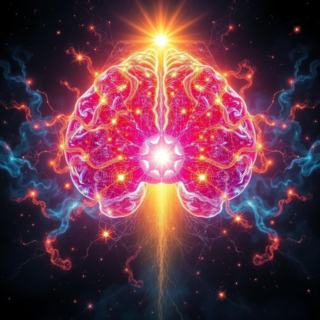 A majestic and ethereal depiction of the human mind, symbolized as a radiant, intricate network of glowing neurons interconnected with vibrant patterns, surrounded by enigmatic and colorful clouds of thoughts and ideas