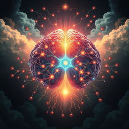 A majestic and ethereal depiction of the human mind, symbolized as a radiant, intricate network of glowing neurons interconnected with vibrant patterns, surrounded by enigmatic and colorful clouds of thoughts and ideas