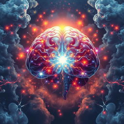 A majestic and ethereal depiction of the human mind, symbolized as a radiant, intricate network of glowing neurons interconnected with vibrant patterns, surrounded by enigmatic and colorful clouds of thoughts and ideas