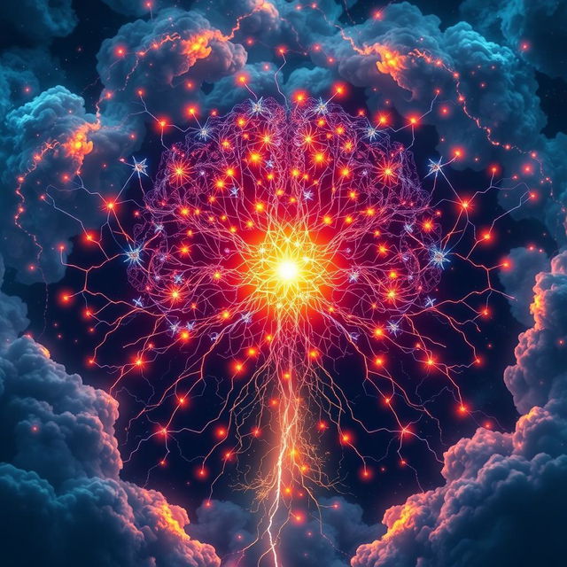 A majestic and ethereal depiction of the human mind, symbolized as a radiant, intricate network of glowing neurons interconnected with vibrant patterns, surrounded by enigmatic and colorful clouds of thoughts and ideas