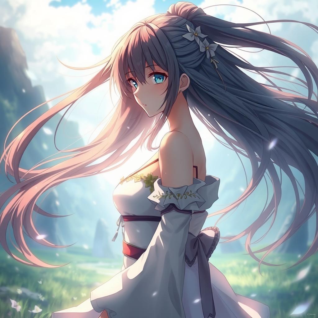 A beautiful and mysterious anime-inspired woman with flowing hair, standing in a serene landscape, with a mystical aura