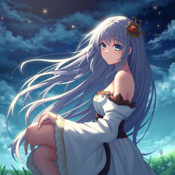 A beautiful and mysterious anime-inspired woman with flowing hair, standing in a serene landscape, with a mystical aura