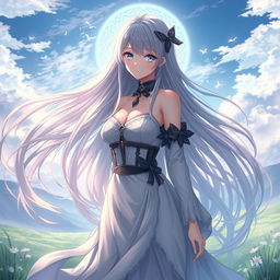 A beautiful and mysterious anime-inspired woman with flowing hair, standing in a serene landscape, with a mystical aura