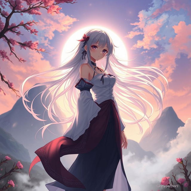 A beautiful and mysterious anime-inspired woman with flowing hair, standing in a serene landscape, with a mystical aura