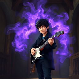 A 15-year-old boy with slightly messy black hair and brown eyes is wearing a black coat and navy blue pants, standing in a medieval-style room