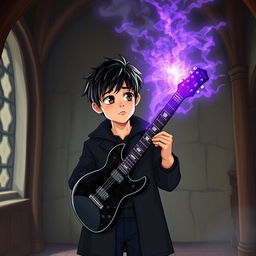 A 15-year-old boy with slightly messy black hair and brown eyes is wearing a black coat and navy blue pants, standing in a medieval-style room