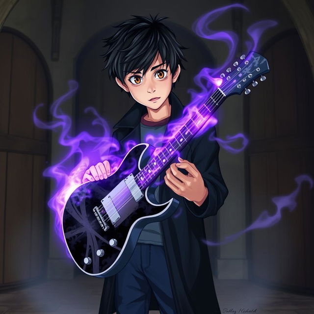 A 15-year-old boy with slightly messy black hair and brown eyes is wearing a black coat and navy blue pants, standing in a medieval-style room