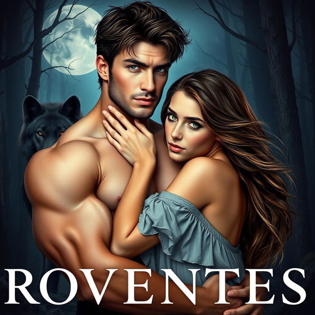 A romantic and suspenseful novel cover featuring a large, attractive, and muscular 23-year-old male with short messy dark brown hair and piercing grey eyes