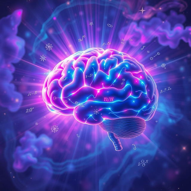 A surreal representation of the "light of the mind," depicting a luminous human brain emanating vibrant, colorful rays of light