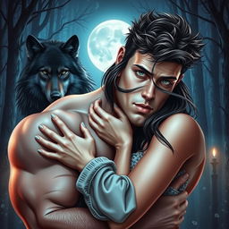 A romantic and suspenseful novel cover featuring a large, attractive, and muscular 23-year-old male with short messy dark brown hair and piercing grey eyes