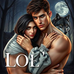 A romantic and suspenseful novel cover featuring a large, attractive, and muscular 23-year-old male with short messy dark brown hair and piercing grey eyes