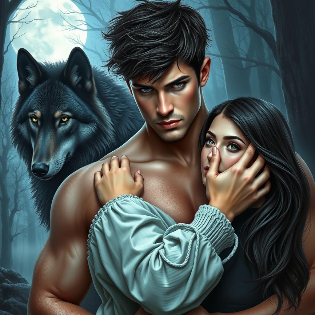 A romantic and suspenseful novel cover featuring a large, attractive, and muscular 23-year-old male with short messy dark brown hair and piercing grey eyes