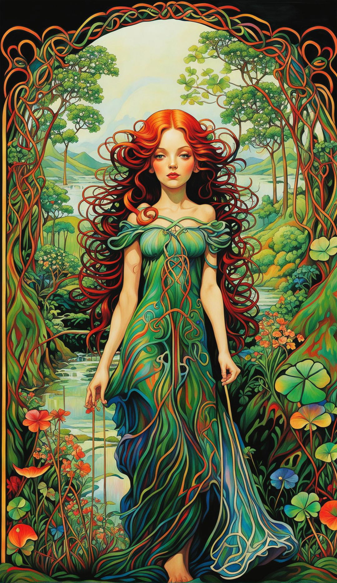 Art Nouveau depiction of an Irish fae creature amidst a lush landscape, framed by intricate Celtic knots.