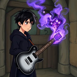 A 15-year-old boy with slightly messy black hair and brown eyes is wearing a black coat and navy blue pants, standing in a medieval-style room