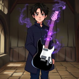 A 15-year-old boy with slightly messy black hair and brown eyes is wearing a black coat and navy blue pants, standing in a medieval-style room