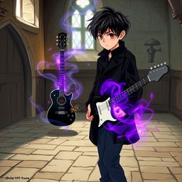 A 15-year-old boy with slightly messy black hair and brown eyes is wearing a black coat and navy blue pants, standing in a medieval-style room