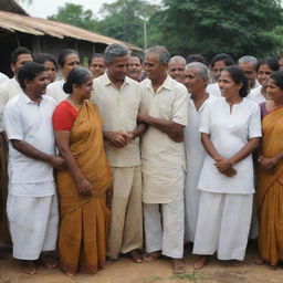 Depict an evocative scene where Sri Lankan villagers, having realized the strength of unity, are acknowledging their past mistakes and seeking apologies from each other, creating an atmosphere of forgiveness, reconciliation, and newfound harmony.