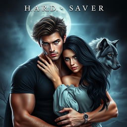 A dynamic, romantic, and suspenseful novel cover showcasing an attractive, muscular 23-year-old male with short, messy dark brown hair and piercing grey eyes