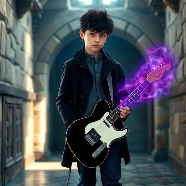 A 15-year-old boy with slightly messy black hair and brown eyes is wearing a black coat and navy blue pants, standing in a medieval-style room