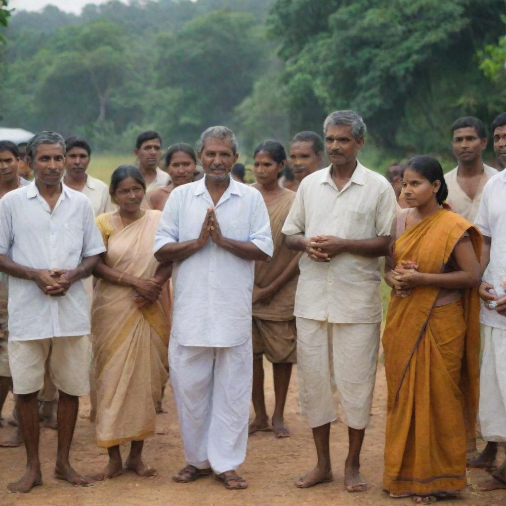 Depict an evocative scene where Sri Lankan villagers, having realized the strength of unity, are acknowledging their past mistakes and seeking apologies from each other, creating an atmosphere of forgiveness, reconciliation, and newfound harmony.