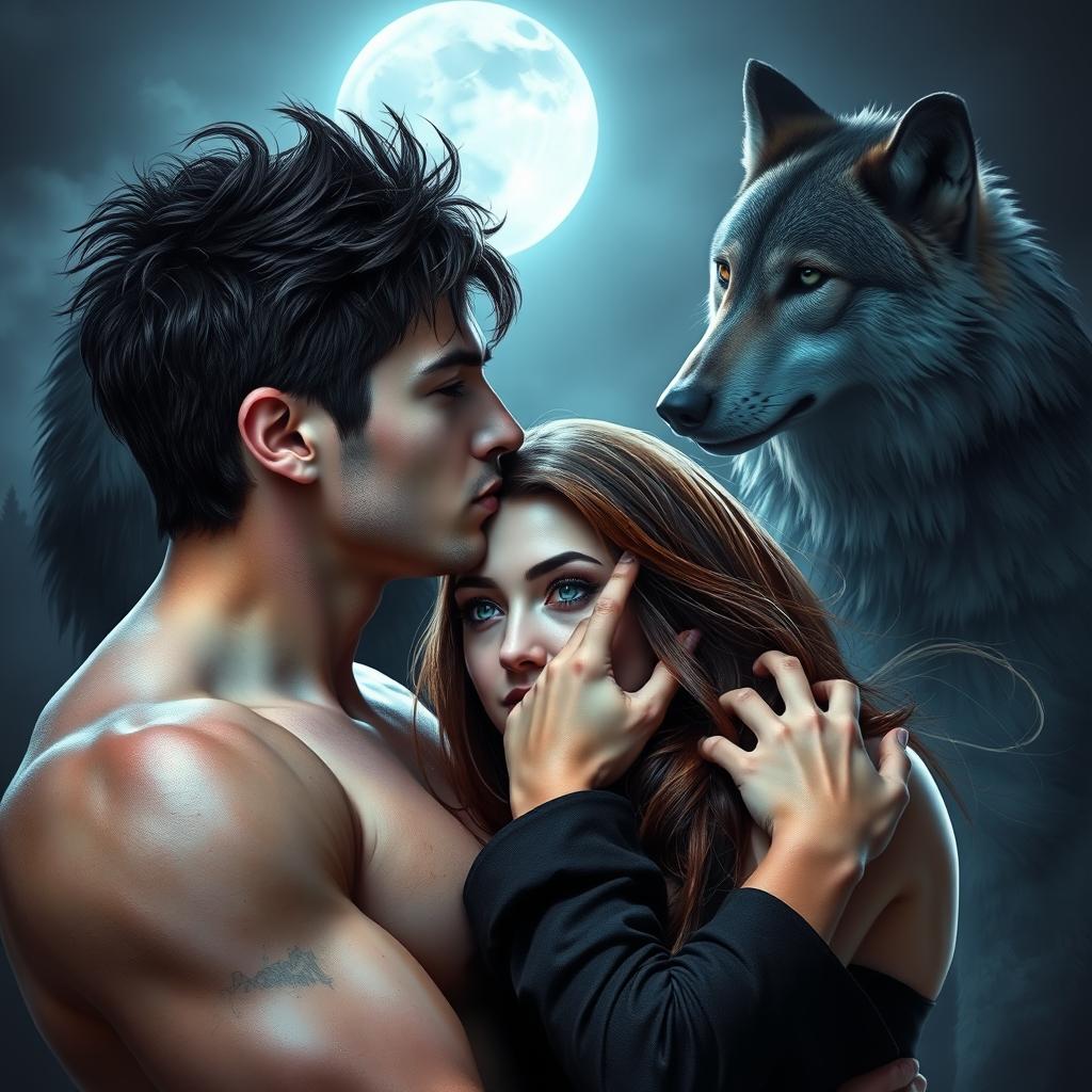 A captivating werewolf romance novel cover featuring a large, attractive, muscular 23-year-old male with short, messy dark brown hair and intense grey eyes