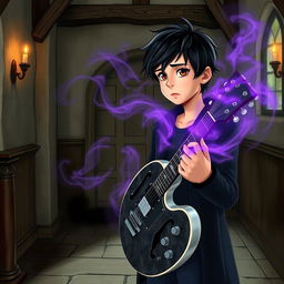 A 15-year-old boy with slightly messy black hair and brown eyes, wearing a black coat and navy blue pants, stands in a medieval-style room