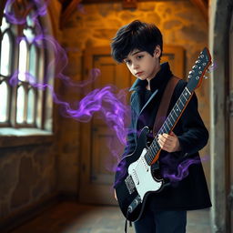 A 15-year-old boy with slightly messy black hair and brown eyes, wearing a black coat and navy blue pants, stands in a medieval-style room