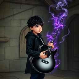 A 15-year-old boy with slightly messy black hair and brown eyes, wearing a black coat and navy blue pants, stands in a medieval-style room