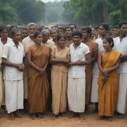 Depict an evocative scene where Sri Lankan villagers, having realized the strength of unity, are acknowledging their past mistakes and seeking apologies from each other, creating an atmosphere of forgiveness, reconciliation, and newfound harmony.