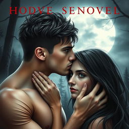 A romantic and suspenseful novel cover featuring a large, attractive, muscular 23-year-old male with short messy dark brown hair and striking grey eyes