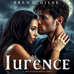 A romantic and suspenseful novel cover featuring a large, attractive, muscular 23-year-old male with short messy dark brown hair and striking grey eyes