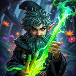 Gnome sorcerer with acidic magic visibly flowing through his veins, casting a mystical aura around him