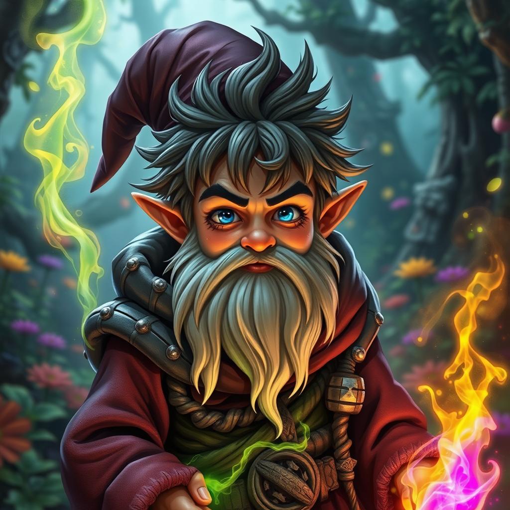 Gnome sorcerer with acidic magic visibly flowing through his veins, casting a mystical aura around him