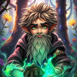 Gnome sorcerer with acidic magic visibly flowing through his veins, casting a mystical aura around him