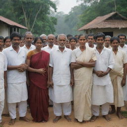 Depict an evocative scene where Sri Lankan villagers, having realized the strength of unity, are acknowledging their past mistakes and seeking apologies from each other, creating an atmosphere of forgiveness, reconciliation, and newfound harmony.