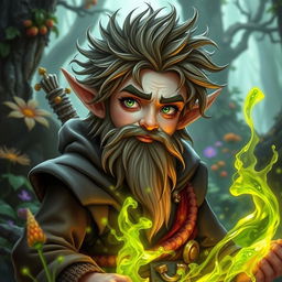 Gnome sorcerer with acidic magic visibly flowing through his veins, casting a mystical aura around him