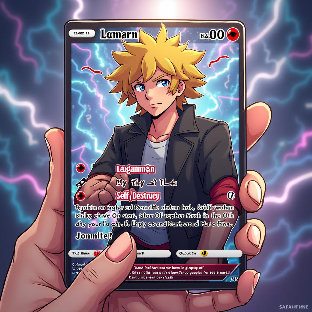 A unique Pokemon card featuring Logan Paul as a Pokemon character, with the setting being a vibrant Pokemon battle field