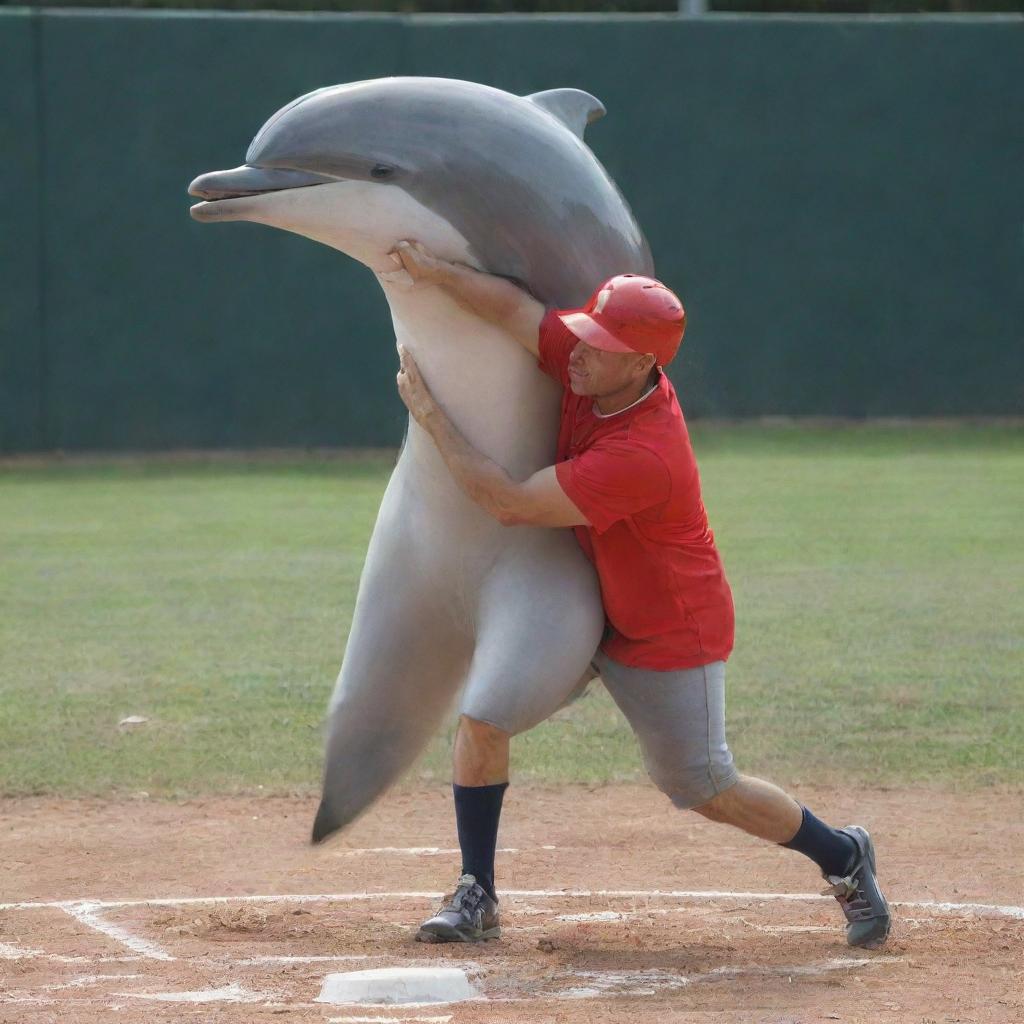 A muscular man with the body of a dolphin, swinging a baseball bat, with a softball nearby.