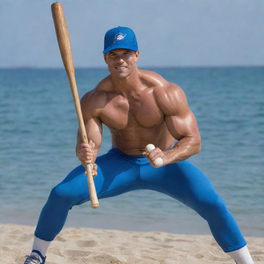 A muscular man with the body of a dolphin, swinging a baseball bat, with a softball nearby.