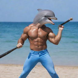 A muscular man with the body of a dolphin, swinging a baseball bat, with a softball nearby.