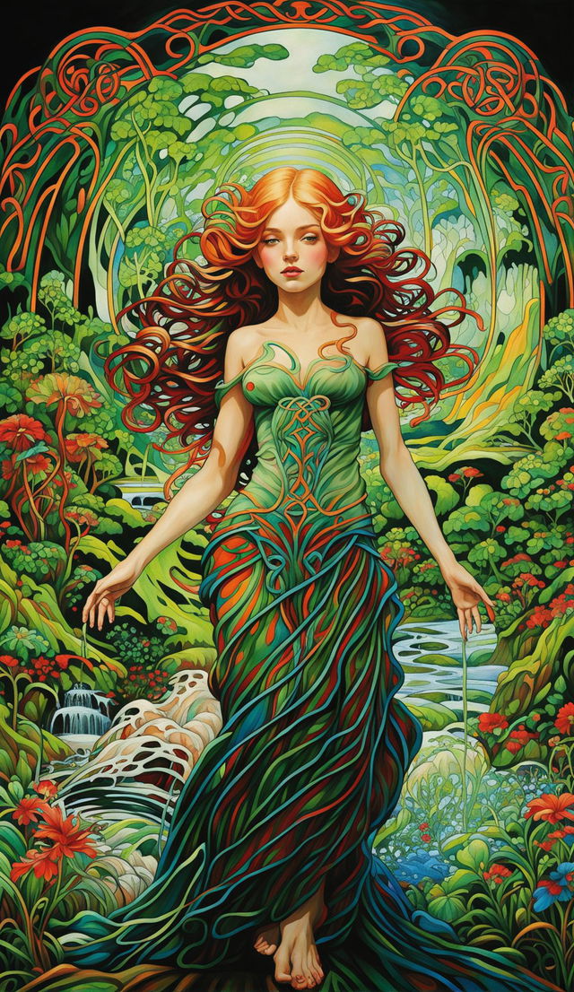 Art Nouveau masterpiece featuring an ethereal Irish fae in a mesmerizing landscape, surrounded by an elaborate Celtic knot framework.