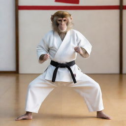 A monkey executing a perfect karate stance, wearing a white gi with a black belt, poised in a dojo with traditional Japanese decor.