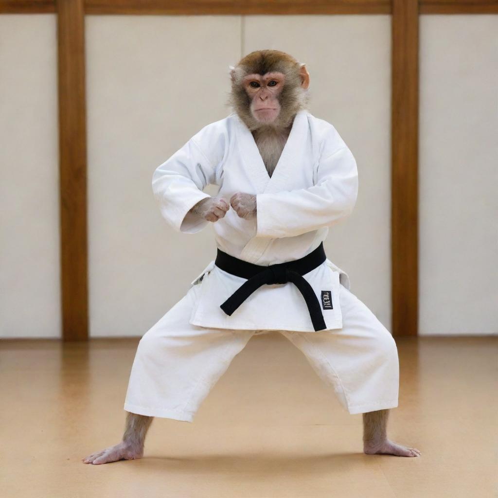 A monkey executing a perfect karate stance, wearing a white gi with a black belt, poised in a dojo with traditional Japanese decor.