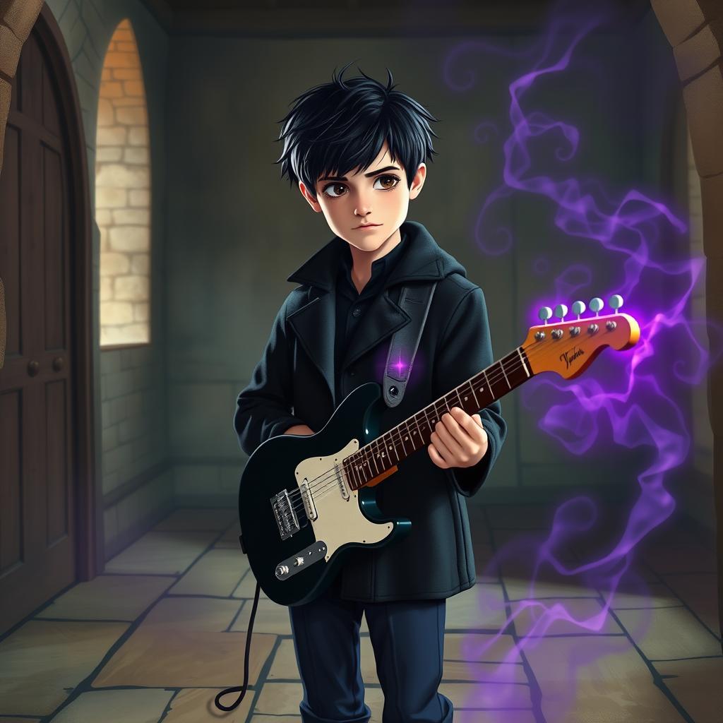 A 15-year-old boy with slightly messy black hair and brown eyes, dressed in a black coat and navy blue pants, is standing in a medieval-style room