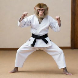 A monkey executing a perfect karate stance, wearing a white gi with a black belt, poised in a dojo with traditional Japanese decor.